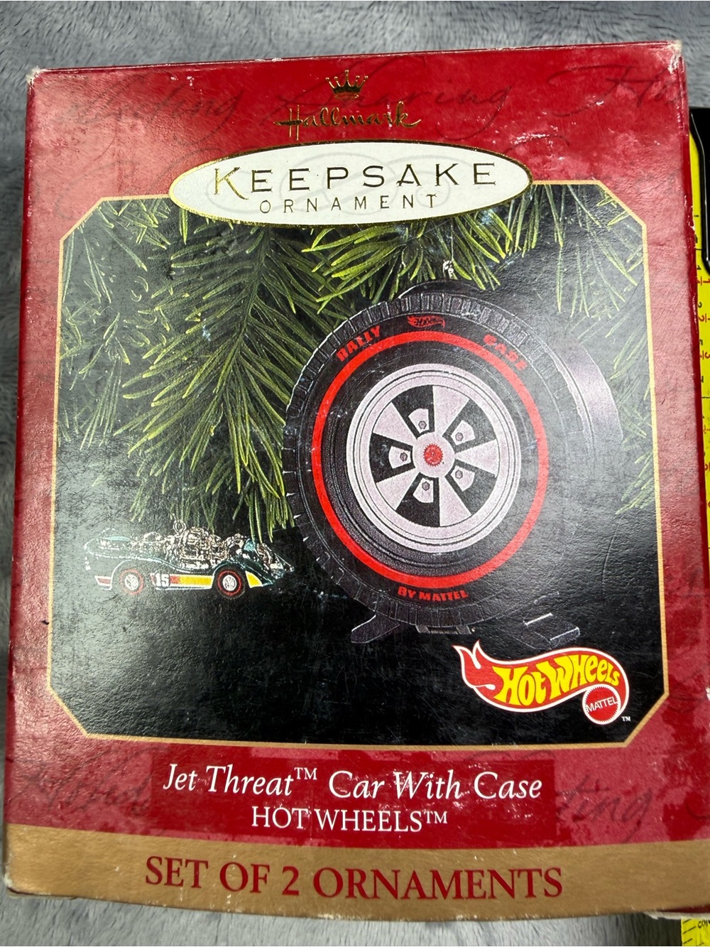 VTG 1999 Hallmark Keepsake Ornament Hot Wheels Jet Threat Car With Case Set of 2